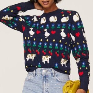 HVN Diana Fuzzy Brushed Intarsia Knit Animal Stripe Sweater, NEW